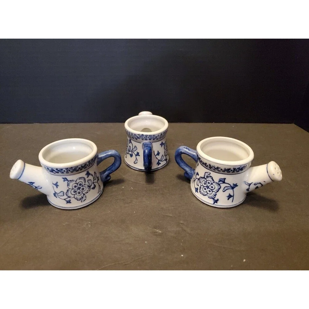 Hermitage Pottery Sprinkling Cans Pots W/ Spout, Handle Floral Blue 2.5” 3pk Vtg